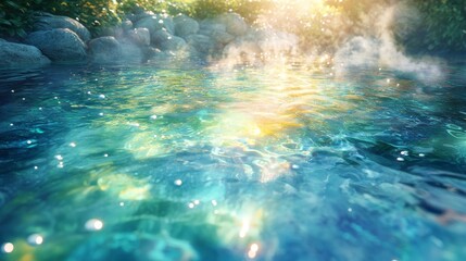Fototapeta premium Tranquil Blue Water with Sunlit Reflections and Mist