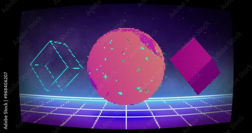 Poster animation of squares moving and globe on black background