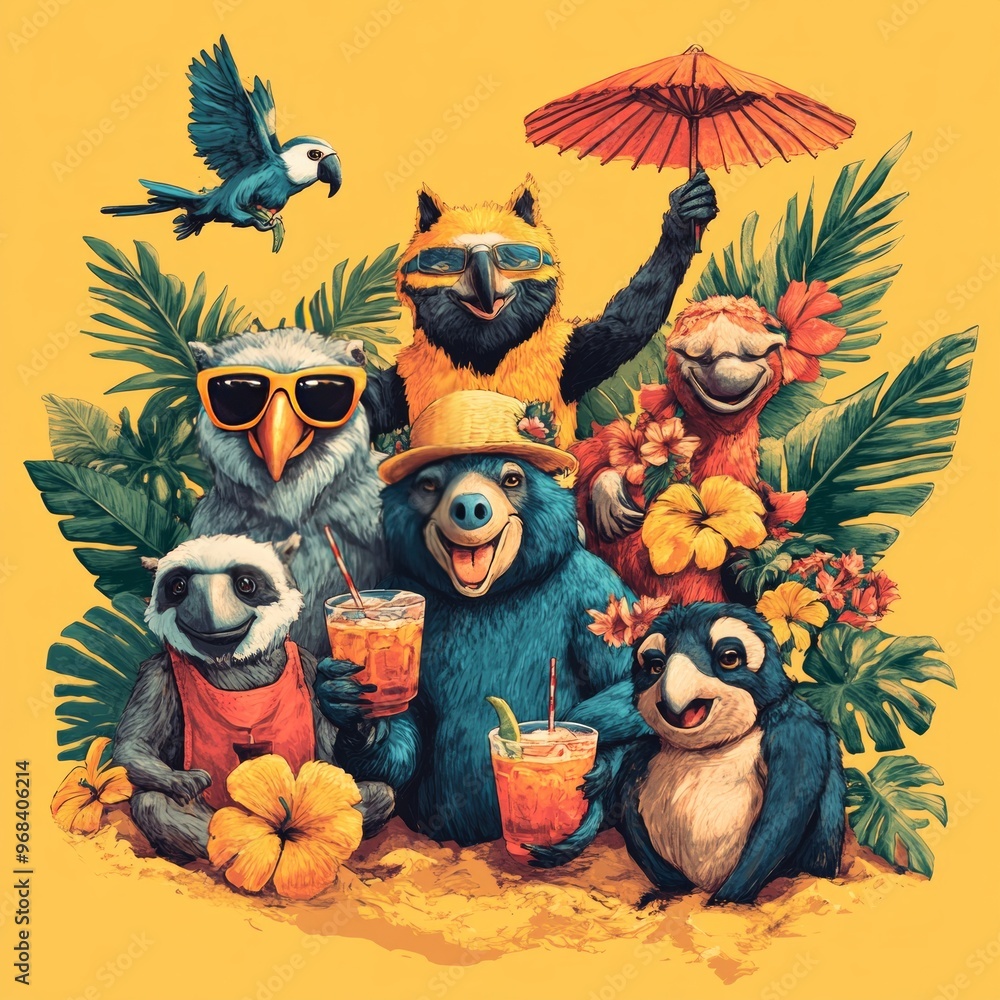 Sticker A vibrant illustration of animals enjoying tropical drinks in a festive setting.