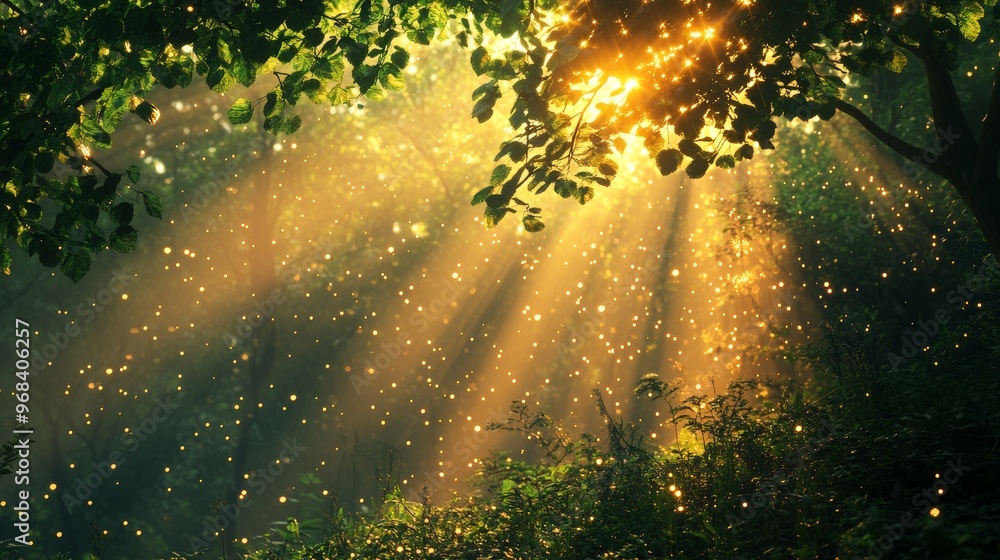 Poster sunlight filtering through tree branches in a forest