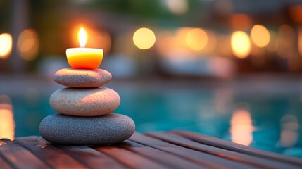 A tranquil arrangement of candles and stones by a serene poolside, evoking peace and relaxation.