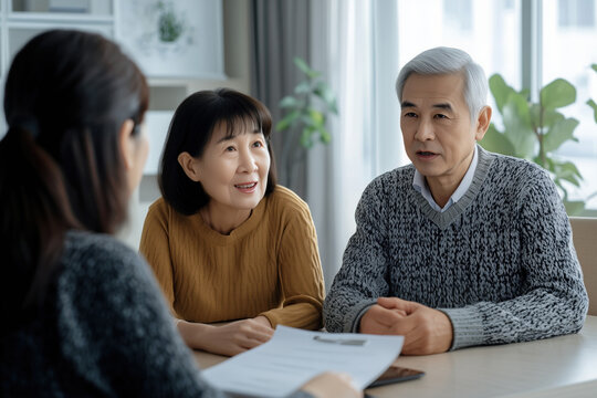 Senior married asian couple meeting with a financial or retirement female advisor in the office