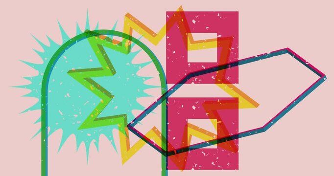 Risograph style Object shapes. Geometry elements abstract texture. Big colorful geometric animation. Trendy riso graph video.
