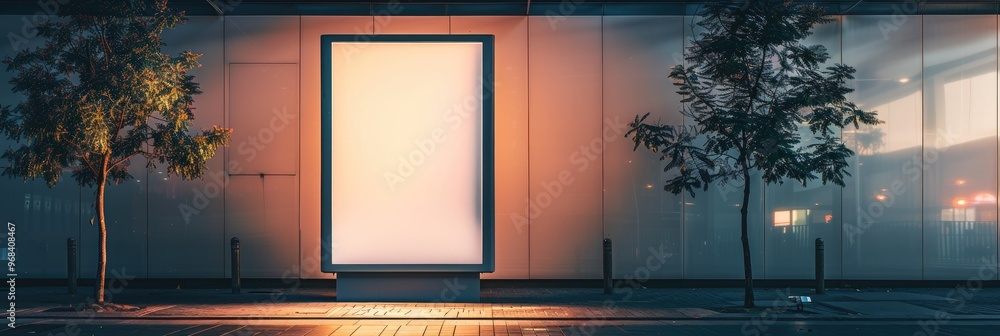 Poster vertical light box billboard on sidewalk featuring a blank screen mockup with clipping path.