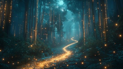Obraz premium Enchanted Forest Path with Fireflies at Night