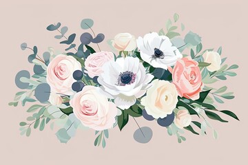 Fototapeta premium Delicate Watercolor Floral Bouquet with White, Peach, and Cream Flowers
