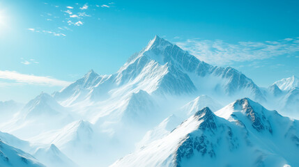 Fototapeta premium Snow-covered mountain range under clear blue sky, showcasing majestic peaks and serene landscapes bathed in sunlight