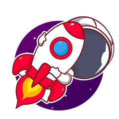 Obraz premium Cute astronaut hugging spaceship cartoon character. Space and science concept design. Hand drawn flat adorable chibi vector illustration. Icon logo mascot isolated background.