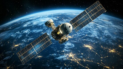 A satellite orbits Earth, showcasing its structure and solar panels against a backdrop of the planet.
