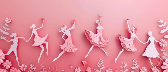 Papercut Ballet Dancers in a Pink Floral Wonderland