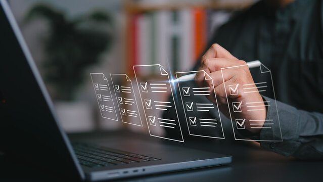 Assessment survey form concept. Businessman takes filling the form online. Questionnaire with checkboxes, answer the test questions. Education and learning technology concept. Survey opinion and quiz.