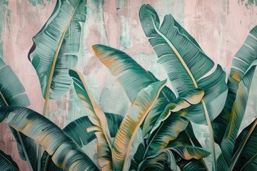 Abstract Tropical Green Leaf Pattern on a Distressed Wall