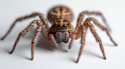 Common house spider crawling on a white background, detailed view