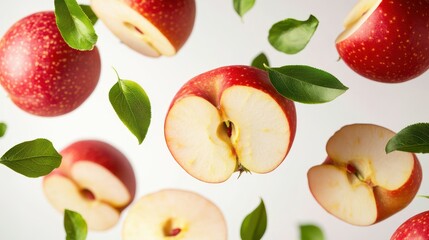 Naklejka premium Crabapple with half slices falling or floating in the air with green leaves isolated on a white background.