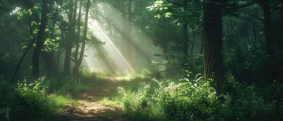 Sunbeams Pierce Through Lush Foliage in a Mysterious Forest