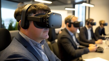 Businessman wearing VR headset in a meeting.