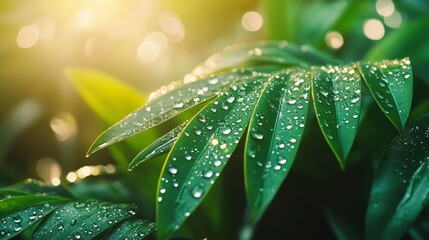 Dewdrops Glisten on Lush Green Leaves in Sunlight