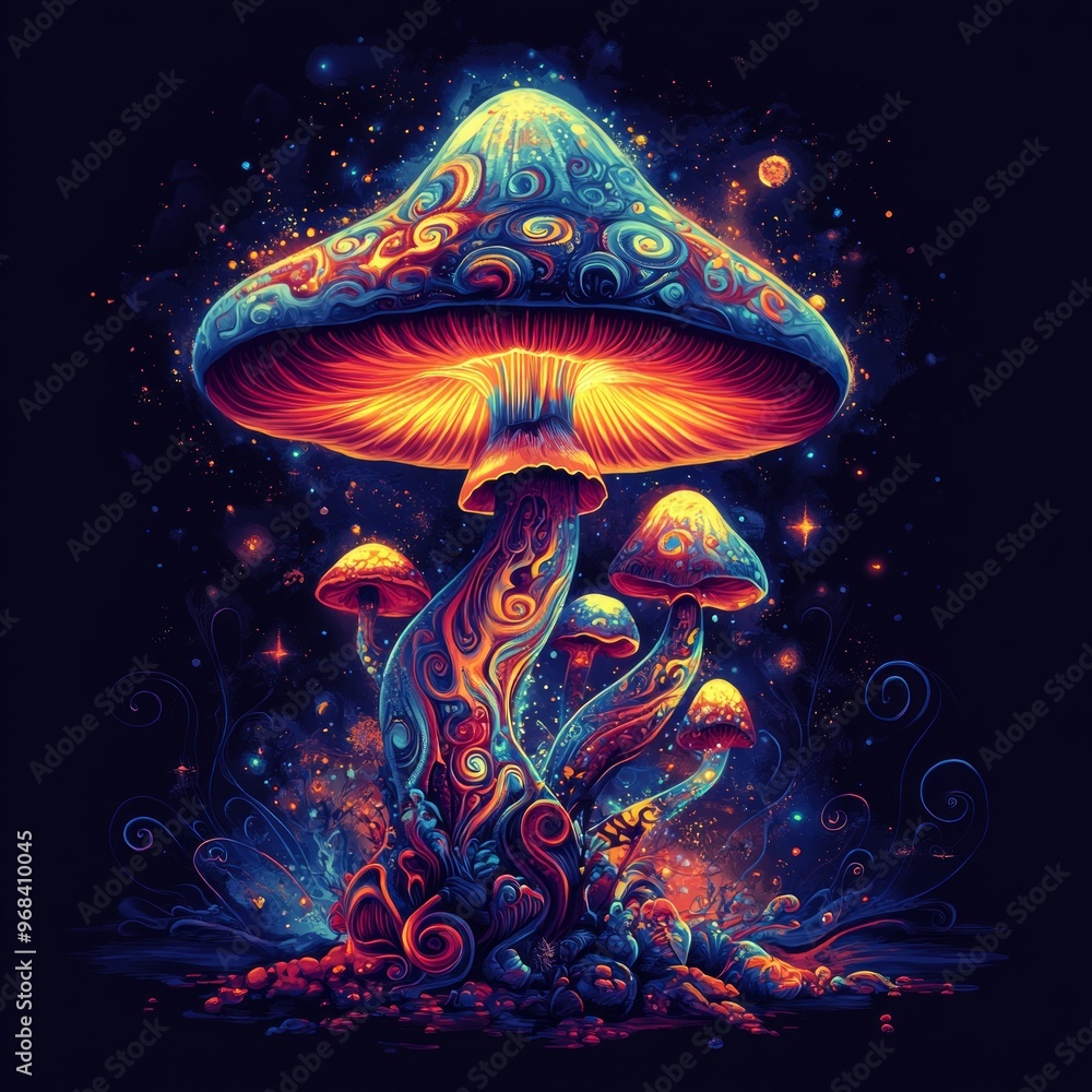 Poster A vibrant, psychedelic illustration of colorful mushrooms glowing against a dark background.