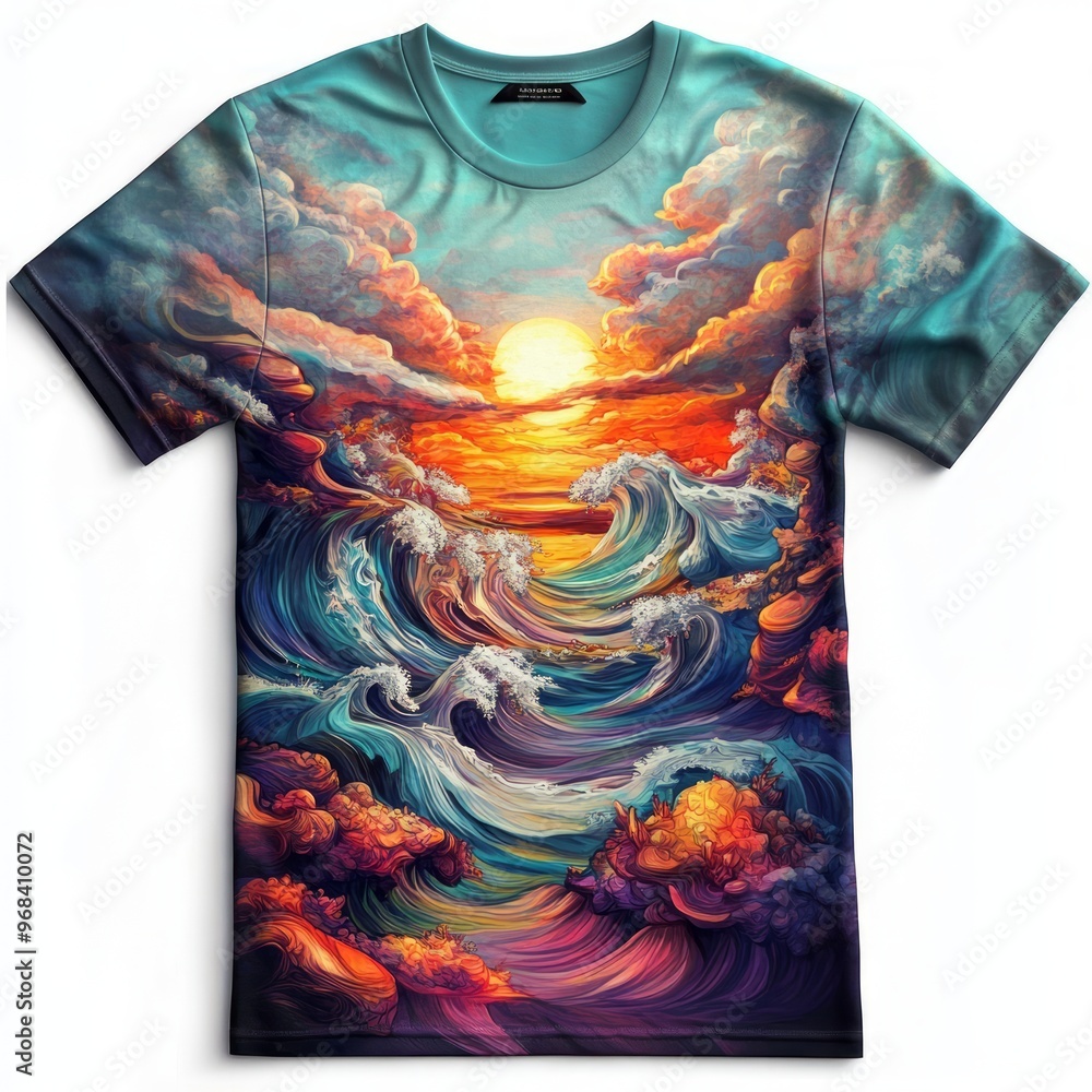 Sticker A vibrant t-shirt design featuring a colorful ocean sunset with waves and clouds.