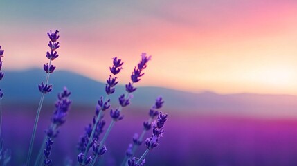 Fototapeta premium Vibrant lavender flowers in soft focus against a pastel sunset sky.