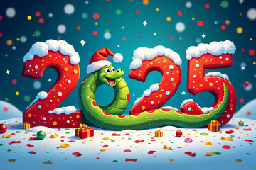 Large, colorful number 2025 with a snake wrapped around it, set against a festive background with snowflakes and Christmas decorations.