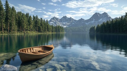 A serene wooden boat rests on crystal-clear water near a forested lake surrounded by majestic mountains at dawn