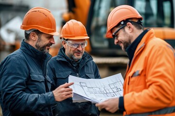 Architect reviewing plans with engineers at a construction site, discussing structural integrity, surrounded by heavy machinery, photo-realism