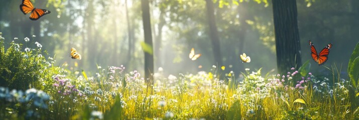 A summer forest glade filled with flowering grass and dancing butterflies on a bright sunny day