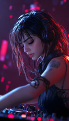 Naklejka premium A young and beautiful female DJ performing , Photo realistic