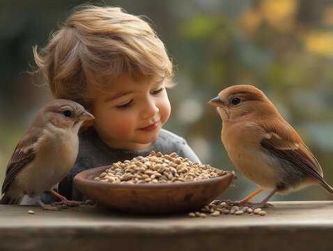 A kind heart little kid child feeding birds with seeds at morning in park side wooden table - Powered by Adobe