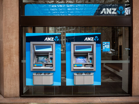 Two ATMs at the storefront of an ANZ Bank branch. The Australia and New Zealand Banking Group Limited, commonly known as ANZ Bank, is Australia's second-largest bank by assets.