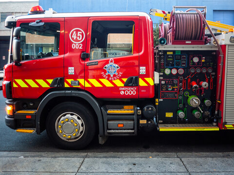 A fire rescue vehicle from the Metropolitan Fire Brigade (MFB).The MFB provides firefighting, rescue, medical, and hazardous material incident response services to the metropolitan Melbourne Australia