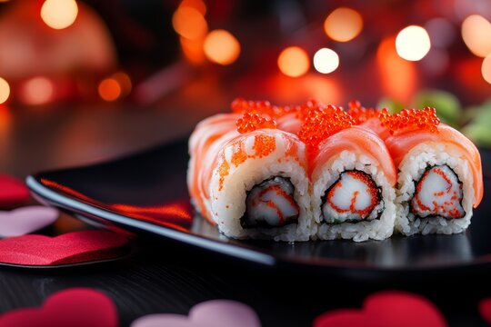 Delicate sushi platter served for a romantic Valentine's Day dinner in a cozy restaurant atmosphere with heart decorations