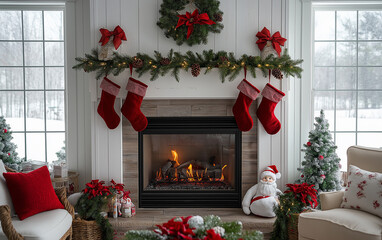 Naklejka premium Cozy christmas fireplace decorated with red stockings and garland