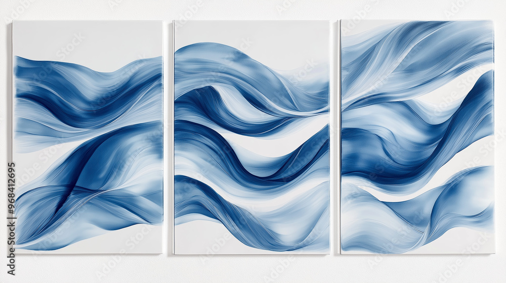 Aufkleber abstract blue wave pattern forming a triptych on a white wall