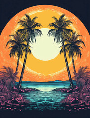 Tropical sunset with palm trees, vector illustration design for t-shirt print. 