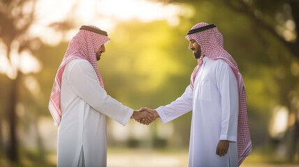 Two arab businessmen shaking hands in a park