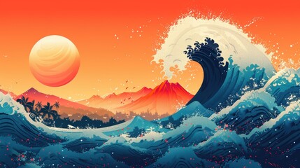 Obraz premium Sunset Wave Over Mountain Landscape