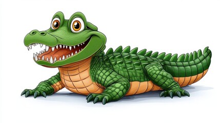 Fototapeta premium Friendly alligator mascot with a big smile on a white background, cartoon-style