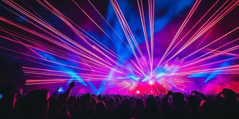 Crowd enjoying a festival with fireworks and laser lightshow