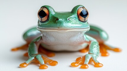 Frog sitting calmly on a white background, detailed texture of its skin