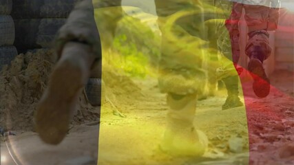 Animation of flag of belgium over diverse soldiers - Powered by Adobe