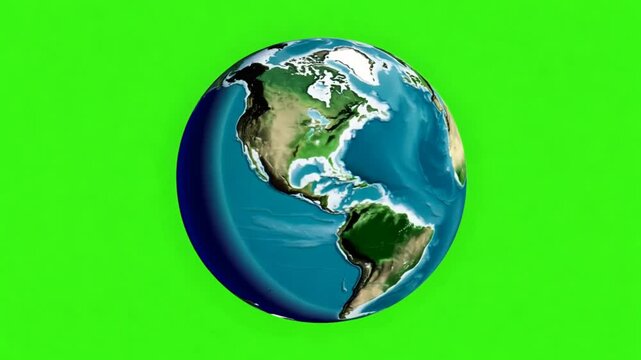 Rotating Globe on Green Screen: A 3D animation of the Earth rotating on a green screen, perfect for compositing into various backgrounds. The globe features detailed continents, oceans, and clouds, ma