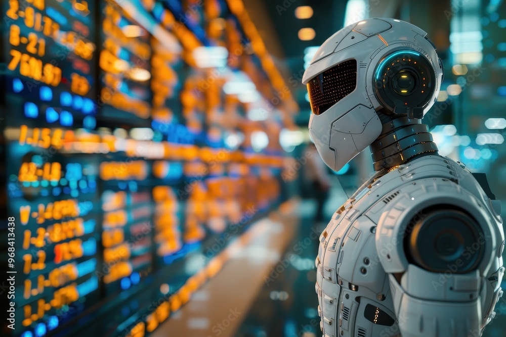 Aufkleber a robot stands in front of a wall of monitors displaying stock prices