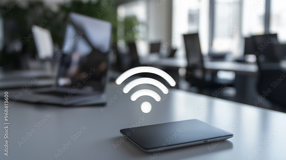 Poster wifi symbol appearing over a tablet in a modern open space office
