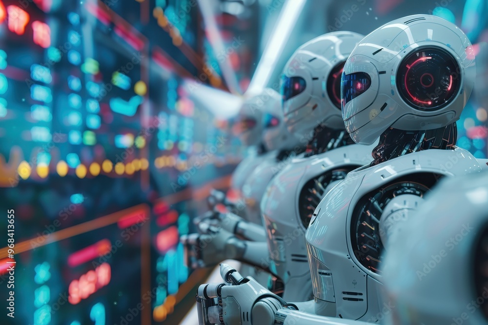 Poster a group of robots are standing in front of a wall of monitors