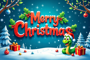 Fototapeta premium Festive Christmas scene with the words Merry Christmas prominently displayed, along with a cartoon snake and presents.