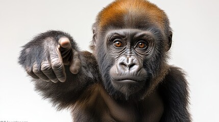 Obraz premium Gorilla reaching out with its arm on a white background, dynamic action