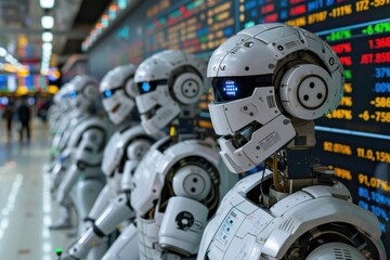 Fototapeta premium A group of robots are standing in front of a board with numbers on it