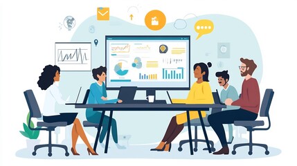 Diverse team members are working together in a modern office setting, reviewing data and statistics.